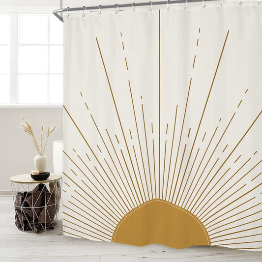 Abstract Sun Shower Curtain Set 60Wx71H Inches Modern Minimalist Mid Century Aesthetic Mustard Yellow Sunburst Sunrise Simple Polyester Waterproof Cloth Bathroom Curtain with 12 Hooks