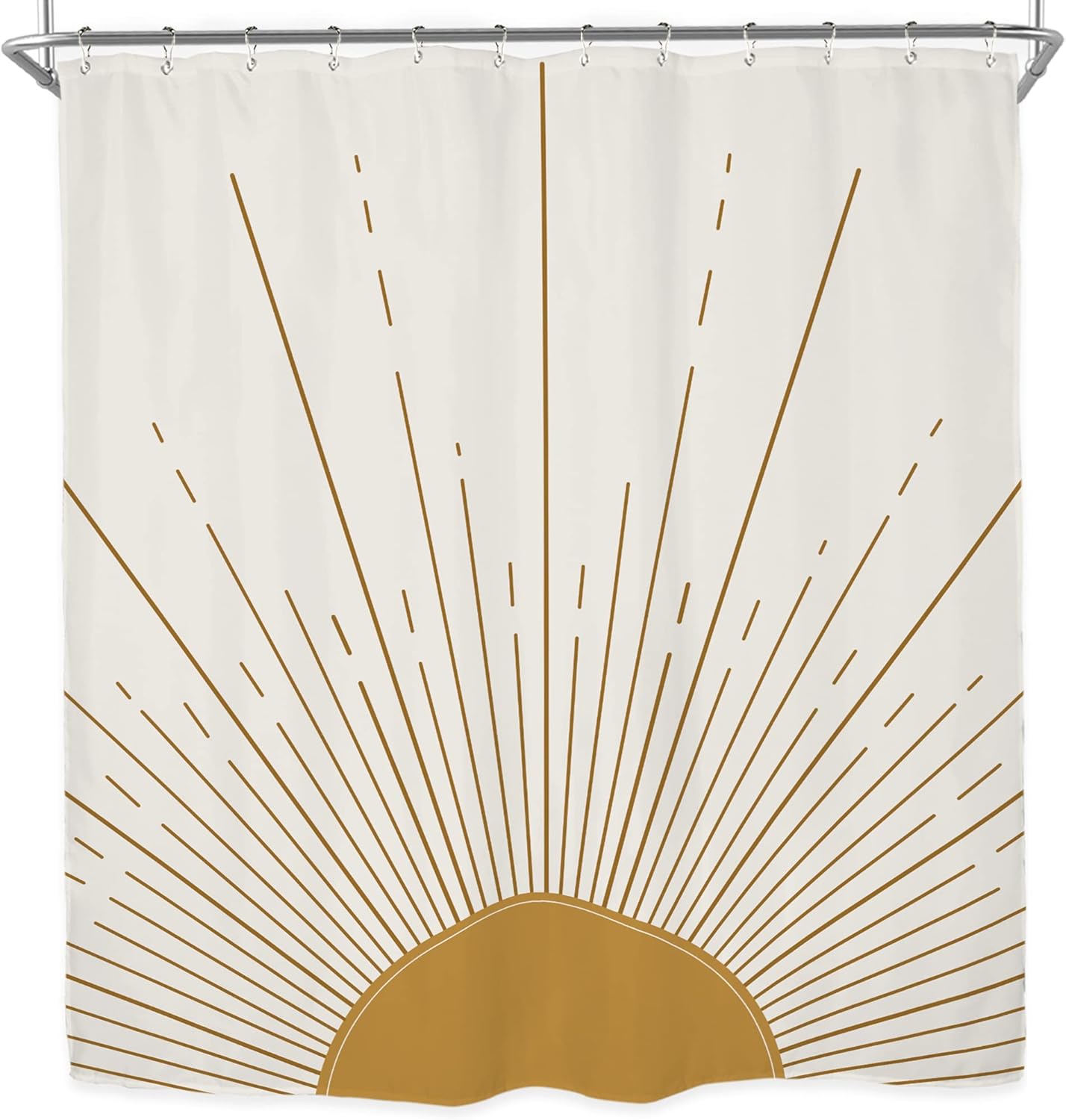 Abstract Sun Shower Curtain Set 60Wx71H Inches Modern Minimalist Mid Century Aesthetic Mustard Yellow Sunburst Sunrise Simple Polyester Waterproof Cloth Bathroom Curtain with 12 Hooks