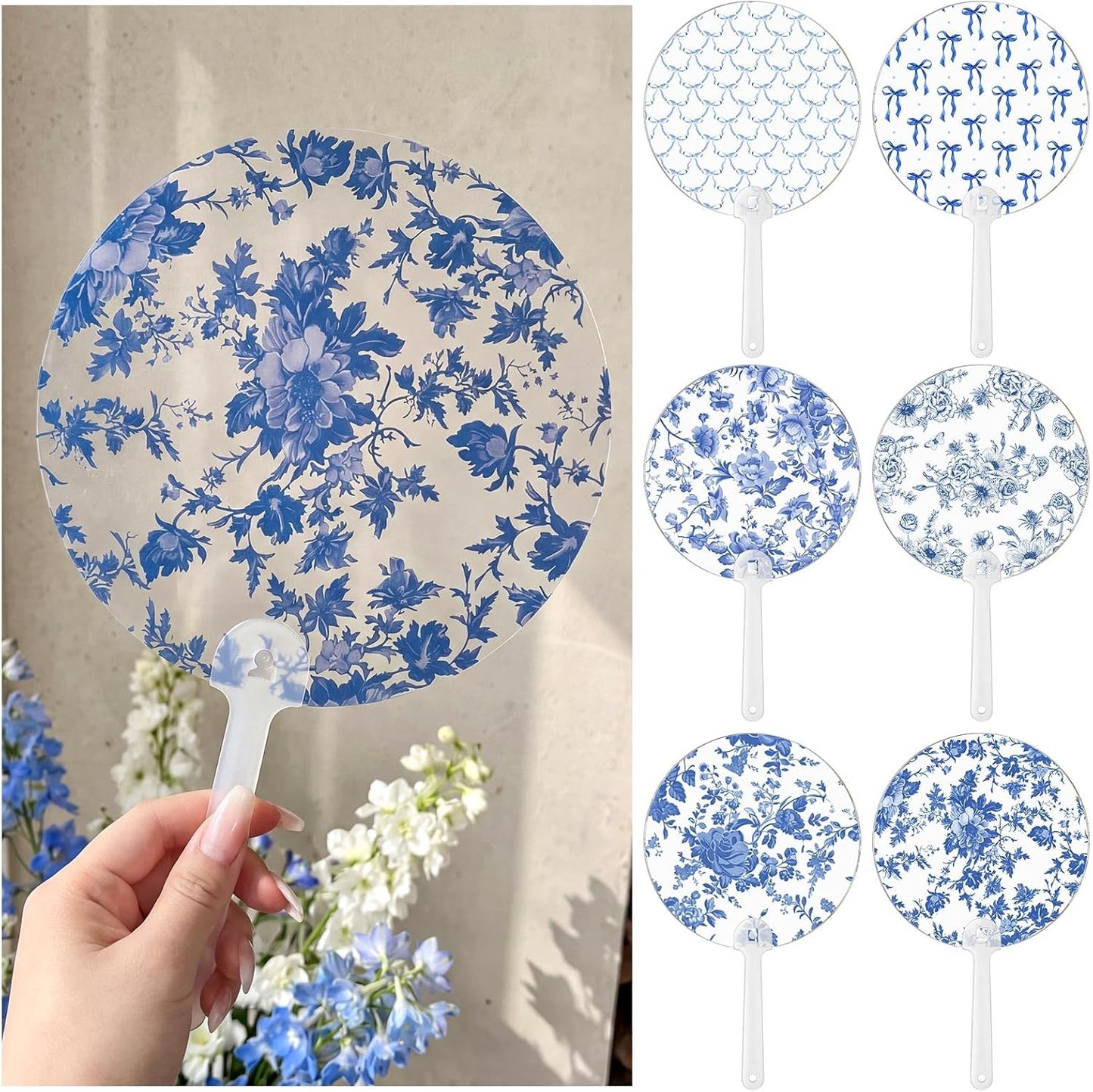 48 Pcs Blue Flower Transparent Wedding Fans Blue Floral Acrylic Round Handheld Fans Favor for Guests Summer Wedding Bridesmaid Gift for Hot Outdoor Ceremony Baby Shower, 6 Styles