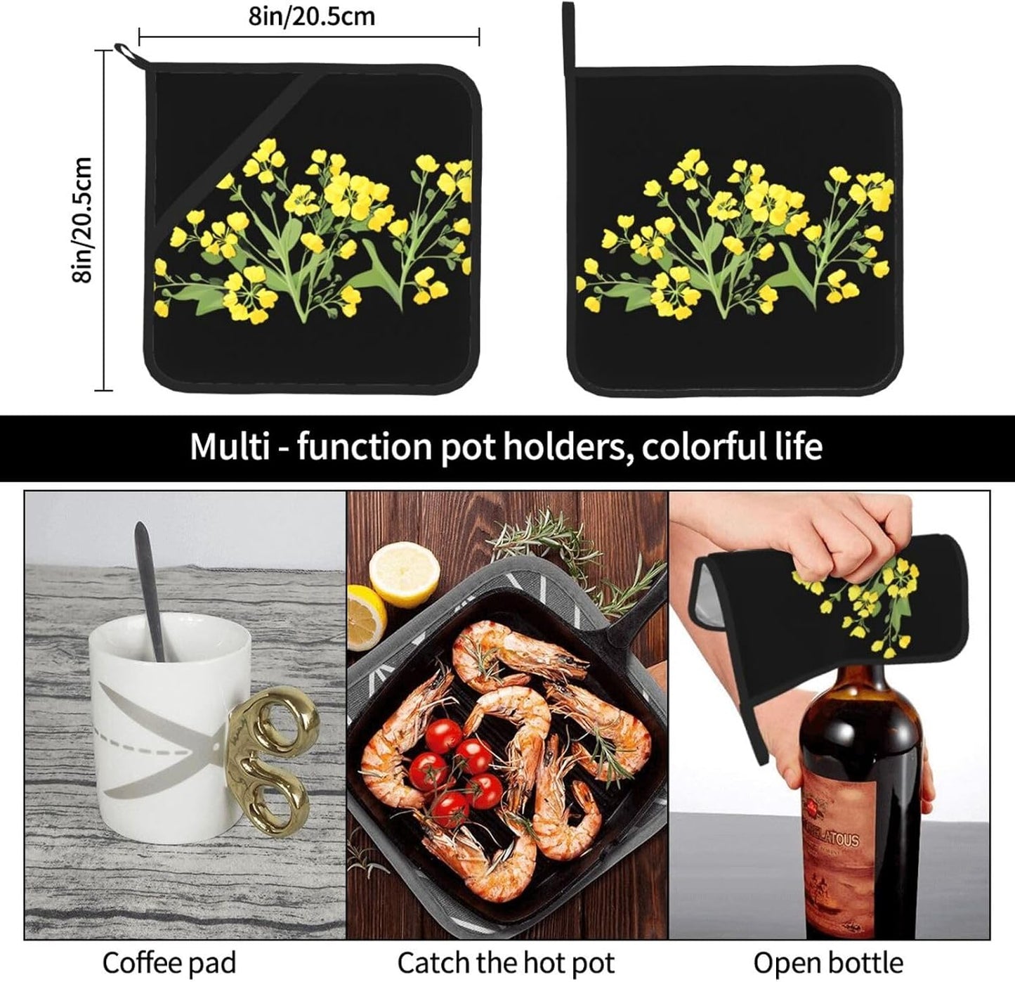Light Yellow Rapeseed Flowers Prints Square Hot Pad Set of 2 - Waterproof Kitchen Throw for Pot & Pan, Heat Resistant Oven Mitt Layer with Hanging Loop - Great for BBQ & Serving