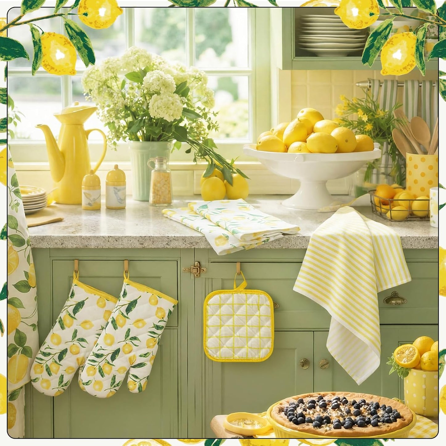 8-Pack Lemon Kitchen Decor Set Lemon Kitchen Towels Pot Holders and Oven MittsSets for Spring Cute Farm House Accessories Cooking Baking Grilling Women Mom Gift