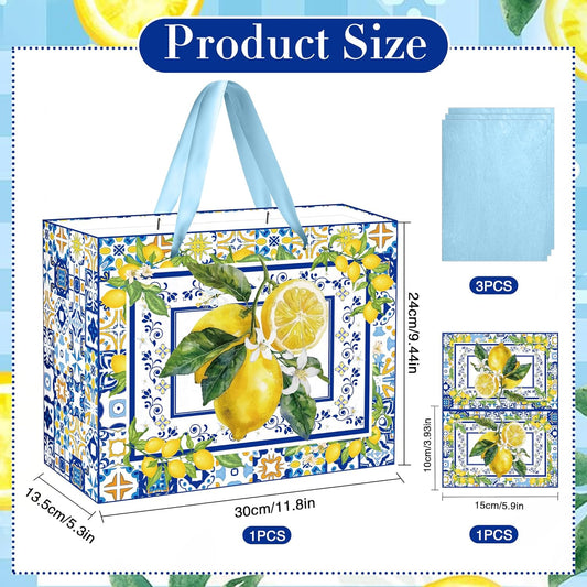 Capri Lemon Gift Bags with Handles, Tissue Paper and Greeting Card, Blue Tiles Yellow Lemon Wrapping Paper for Birthday Wedding Baby Bridal Shower Party Favors