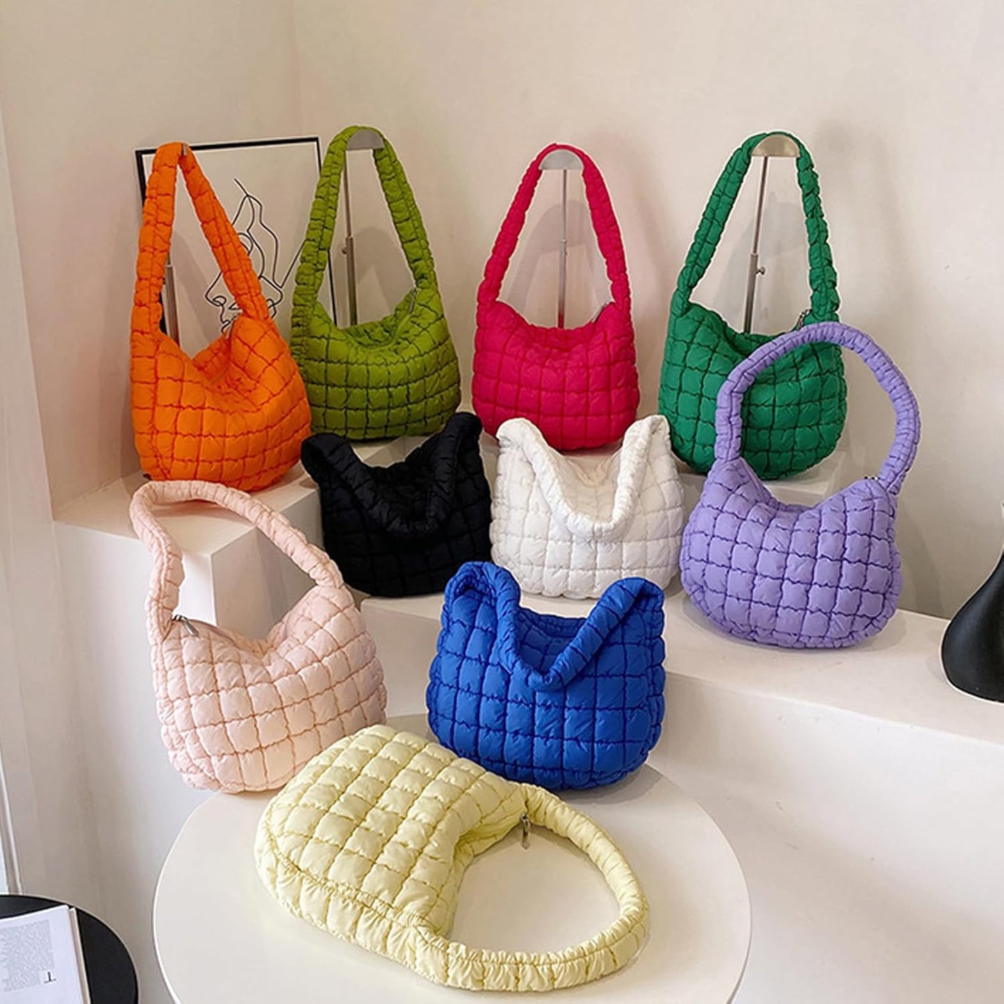 Quilted Shoulder Bag for Women Soft Puffy Handbag Down Cotton Padded Top Handle Bag Lightweight Padding Hobo Bag