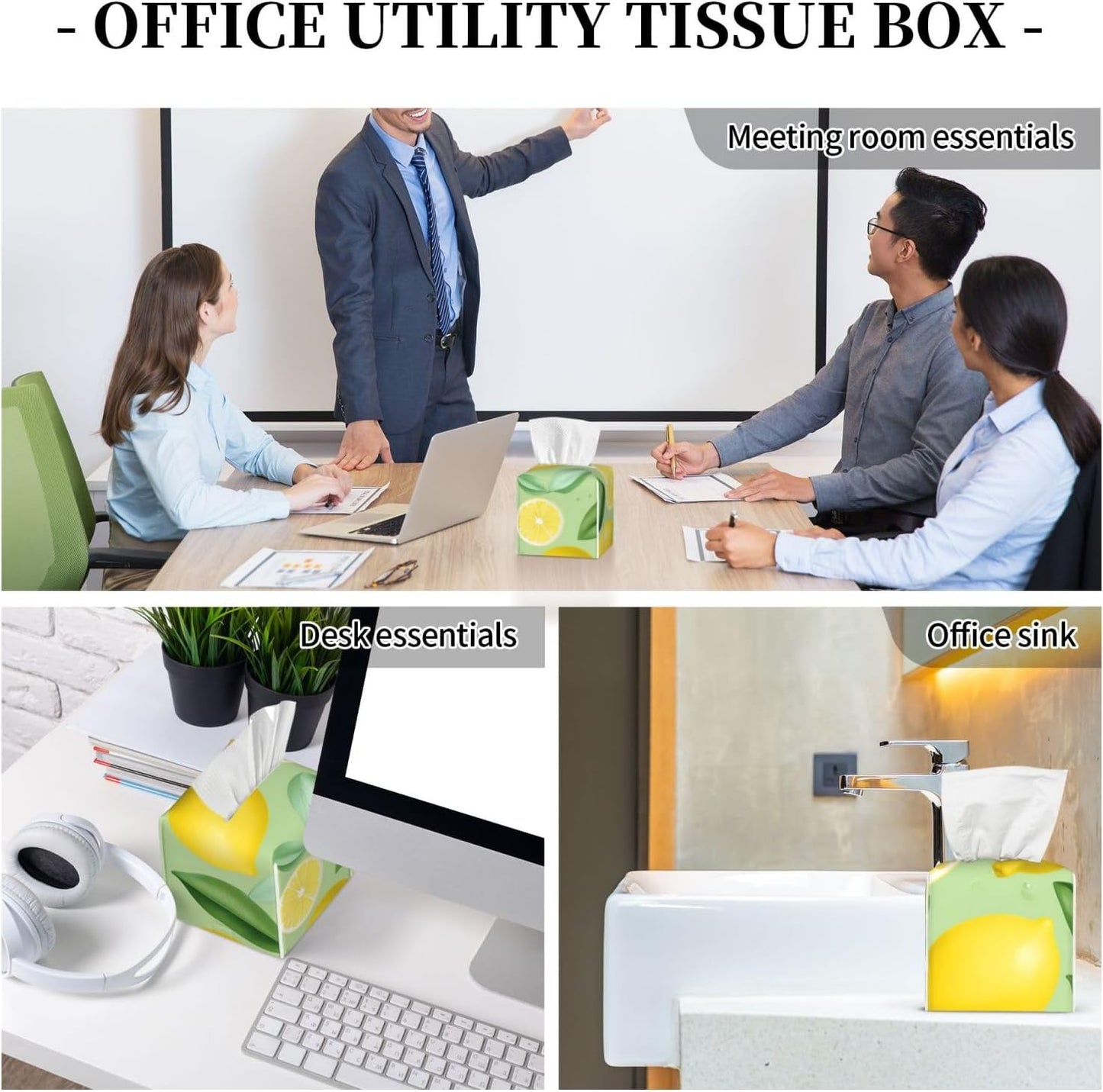 Lemon Tissue Box Cover Square Leather Tissue Box Holder Waterproof Paper Cover Case for Desk, Bathroom, Car, Dining Table, Office Tabletop (5"X 5"X 5")