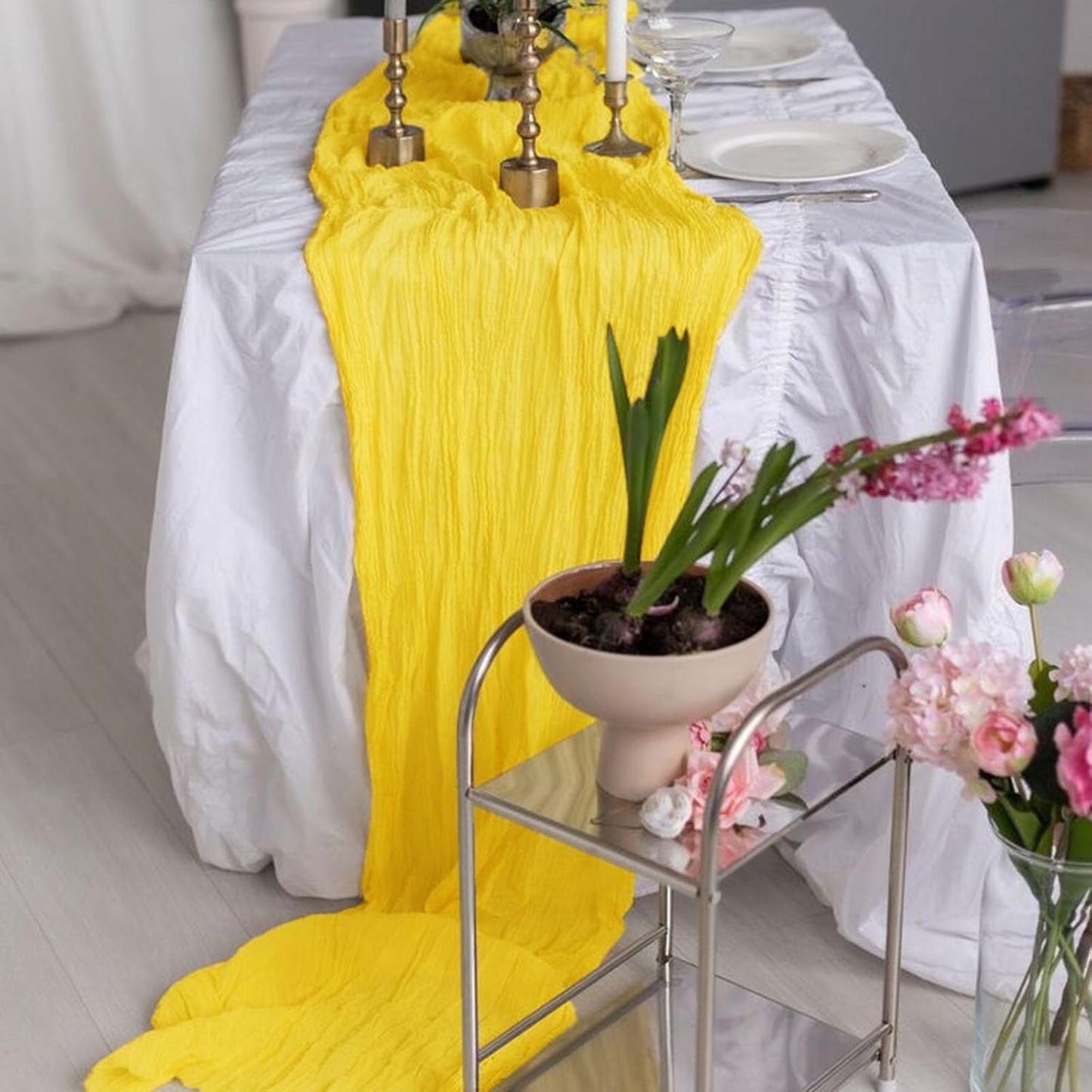 3Pack Yellow Cheesecloth Table Runner,17 x 108 inch Sheer Cheese Cloth Fabric Table Runner Boho Yellow Table Runners Bulk for Wedding,Birthday,Party,Holiday,Home Decor