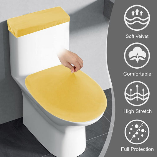 Stretch Velvet Toilet Lid Cover and Toilet Tank Lid Cover Set | Soft Toilet Lid Covers for Bathroom, Plush Skin-friendly Texture, Elastic Bottom, Machine Wash, Yellow