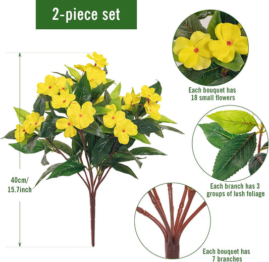 Fake Flowers Artificial Flowers For Outdoor,Artificial Plant Artificial Impatiens Bouquet Flowers For Outdoors Decoration,Silk Spring Artificial Plants For Outdoors Indoor Decor 2PCS(Yellow )