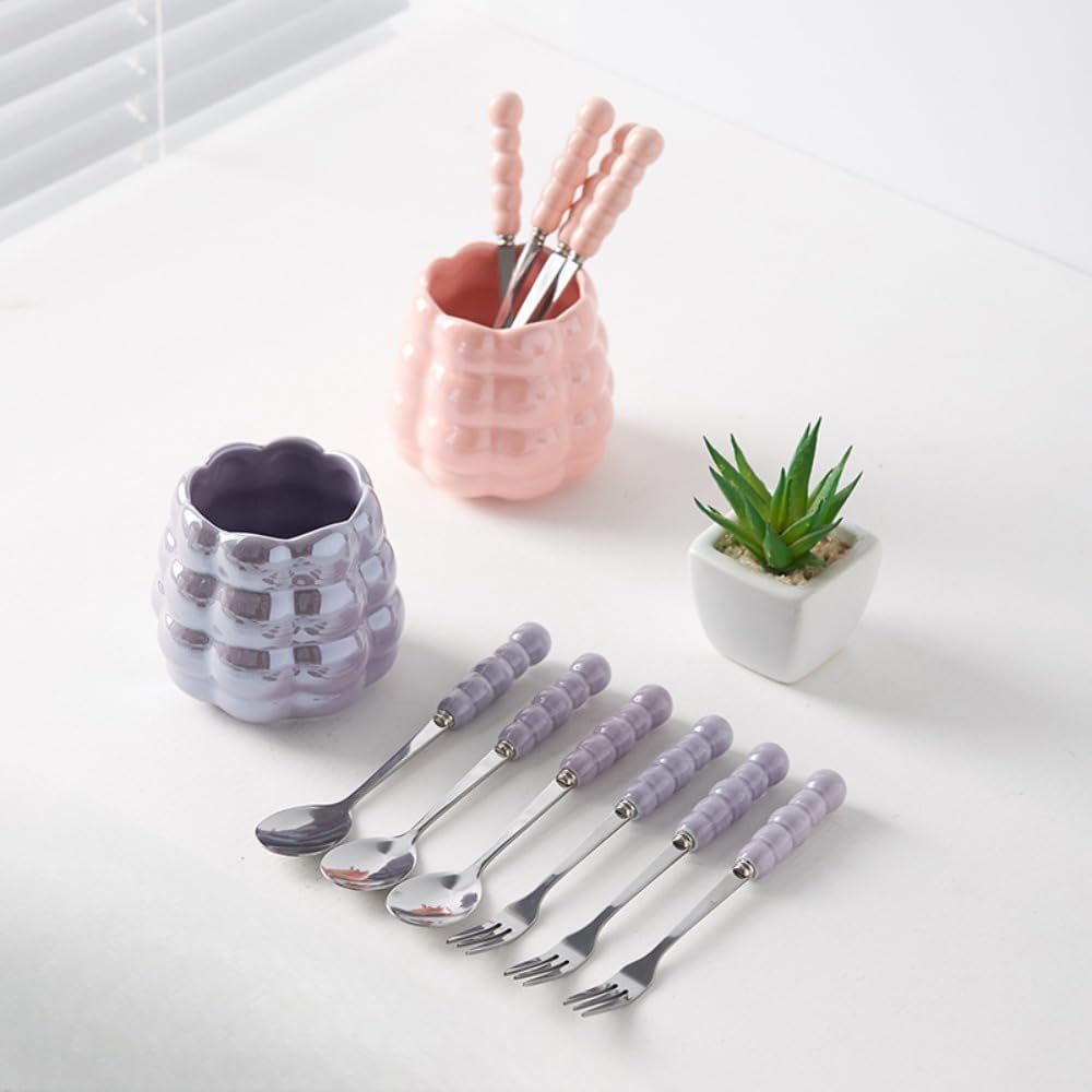 (6 Pieces) Dessert Fruit Picks Light Luxury Fruit Fork Household Tableware Stainless Steel Cute Fruit Fork Jar Creative Storage Jar Set (Cream yellow)