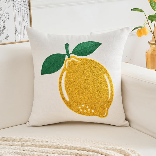 Embroidered Summer Throw Pillow Cover 18x18 Inch Farmhouse Embroidery Yellow Lemon Decorative Pillowcase Seasonal Outdoor Patio Cushion Case for Sofa Couch Home Decor