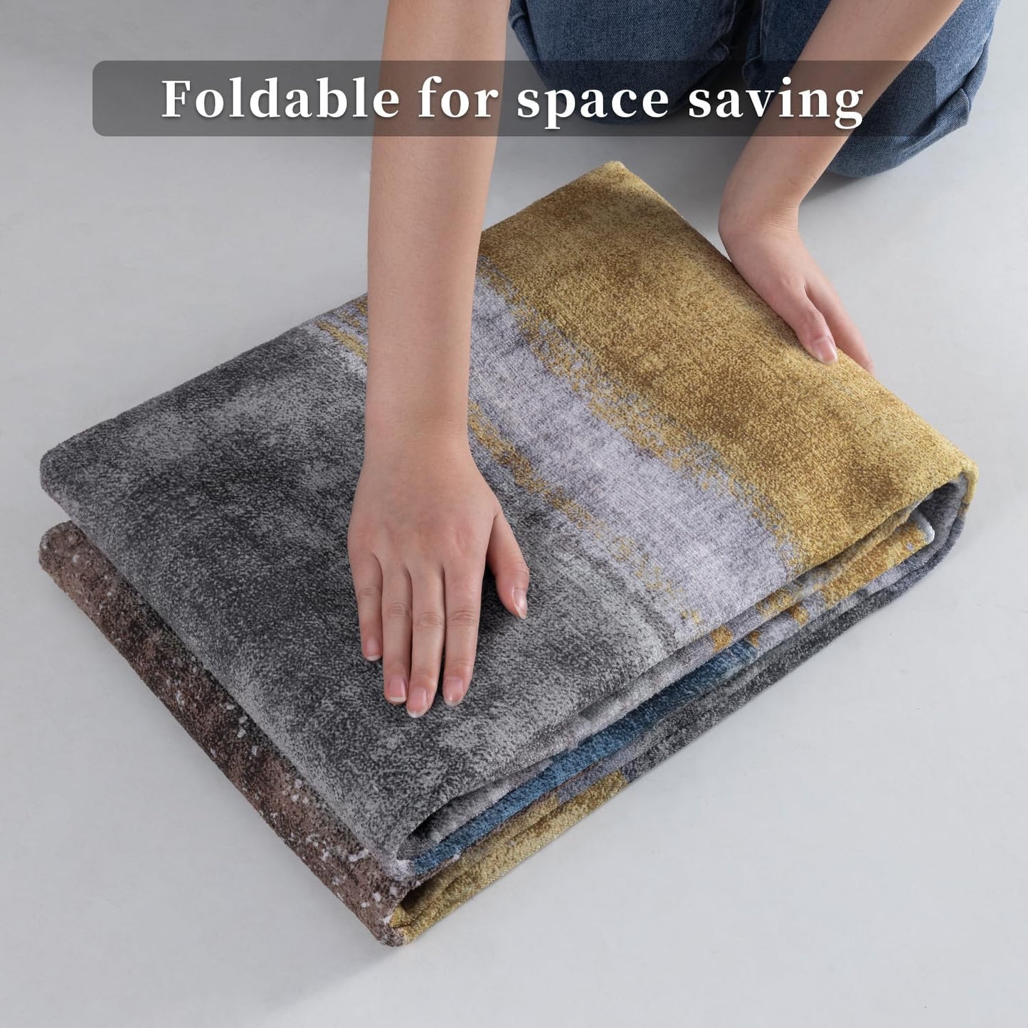 Ciicool 5ft Round Washable Rug, Modern Abstract Circle Rugs, Non-Slip Thin Lightweight Rug Yellow Blue Circular Print Distressed Carpet for Bedroom Living Room Under Dining Table Home Office Decor