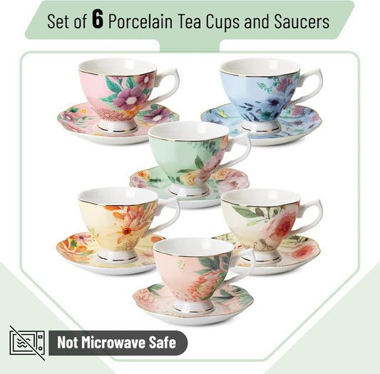 BTaT- Floral Tea Cups and Saucers, 6 Pack, 8 oz | Fine Porcelain Teacup Set Gold Trim Afternoon Tea Weddings Parties Gifting Dishwasher Safe Lightweight Non Toxic