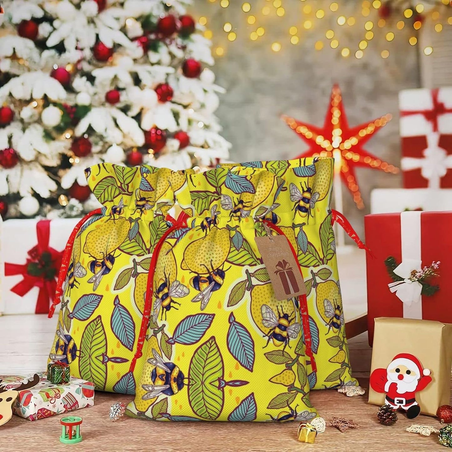 Yellow Lemon And Bee Print Cotton Linen Fabric Gift Bags Drawstring Gift Bags Christmas Burlap Candy Bags Packing Storage Bags Jewelry Pouch Candy Bags Christmas Party Supplies Decor