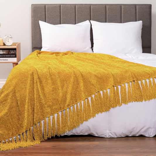Mustard Yellow Chenille Blanket for Twin Size Bed, Soft Gold Knit Throw with Decorative Tassel Fringe, Blanket for Sofa Couch Living Room Decor Gift, Yellow Twin 60x80