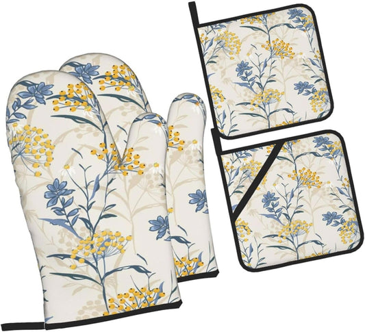 Autumn Yellow Berries and Leaves Fall Colorful Floral On Light Beige Heat Resistant Oven Mitts and Pot Holders Set of 4-500°f Protection Utensil Pocket for Grilling, Baking, Cooking