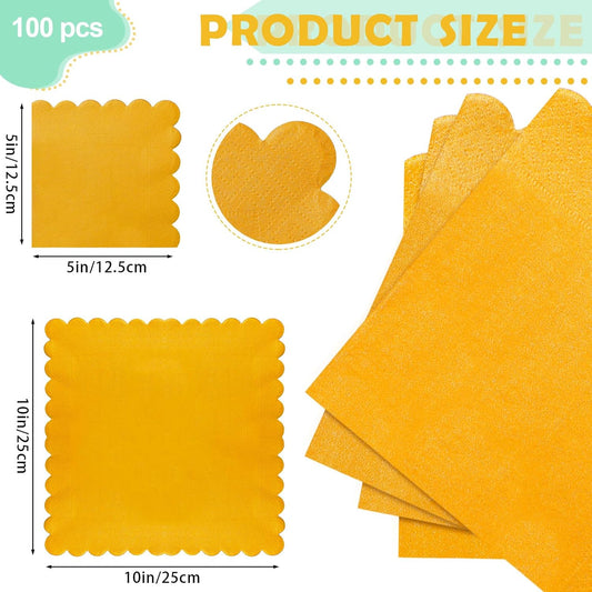 100 Pcs Scalloped Cocktail Napkins Thick Paper Disposable Party Napkins Beverage Tissue for Wedding Dinner Birthday Supplies, 5 x 5 Inches(Mustard)
