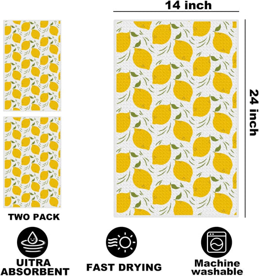 2Pcs Lemon Kitchen Towels 24x14 Inch, Lemon Seamless Pattern Hand Towels for Kitchen Home Farmhouse Decor, Absorbent Microfiber Dish Cloth Tea Towel, Housewarming Gifts for Women