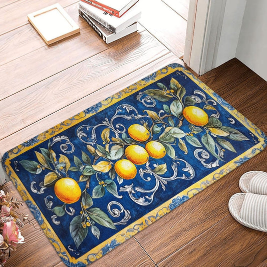 Fruit Rug, Blue Print Background with Lemons, Indoor Living Room Entrance Floor Decorative Doormat, dust Removal, Non-Slip, Easy to Clean 16x24 inches Absorbent, Flannel floormat