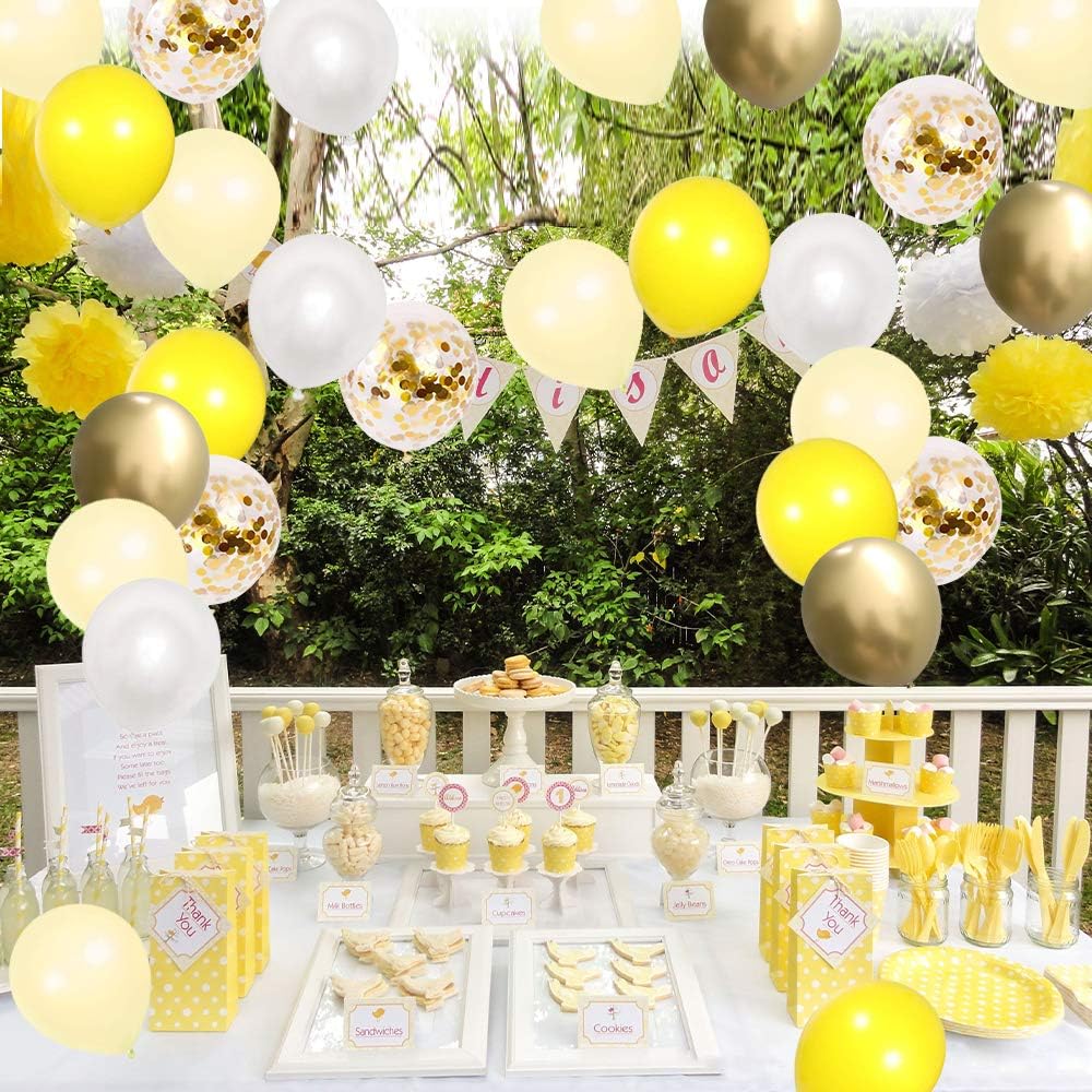 Yellow White Gold Confetti Balloons 60 Pack 12 inch | Pastel Yellow Latex Party Balloon for Sunflower Honeybee Theme, Birthday, Baby Shower, Wedding Decorations