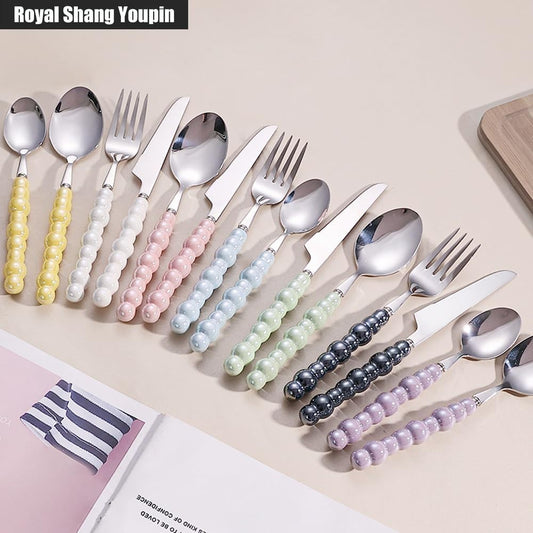 Pearl Ceramic Handle Kitchen Stainless Steel Silverware Tableware Flatware Cutlery Set Creative Hotel Home Steak Knife Dessert Spoon (Yellow,4 pieces)