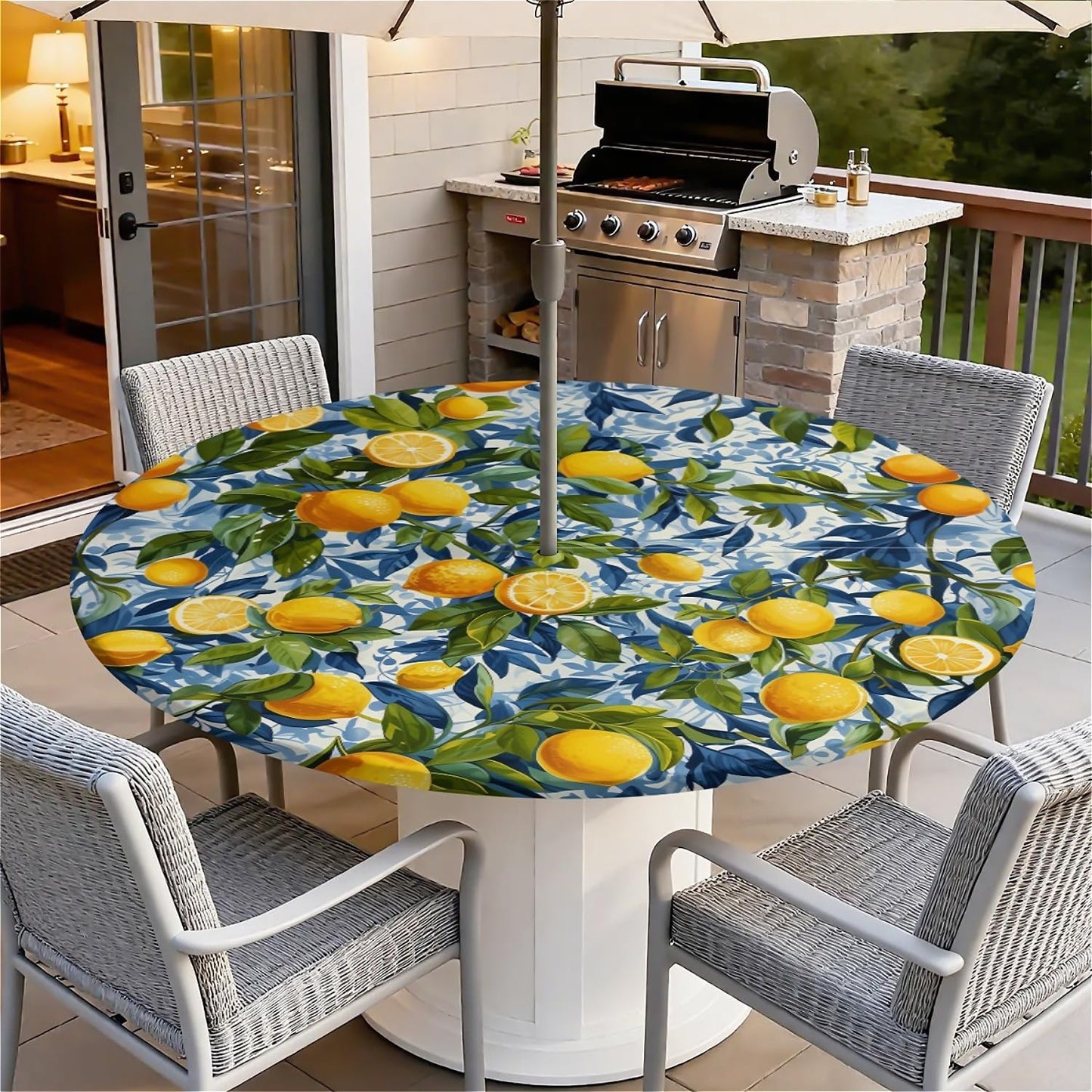 Round Outdoor Tablecloth with Umbrella Hole, Zippered Fitted Waterproof Tablecover with Elastic Edge Fits 49"-52" Round Tables for Patio Picnic Garden Camping Party, Lemon Grove Pattern