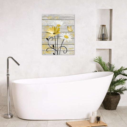 Farmhouse Yellow Floral Wall Art for Bathroom, Retro Daisy and Butterfly on Rustic Wood Canvas Wall Art Nature Flower Pictures for Living Room Bedroom Apartment Wall Decor,16L X 12W inches