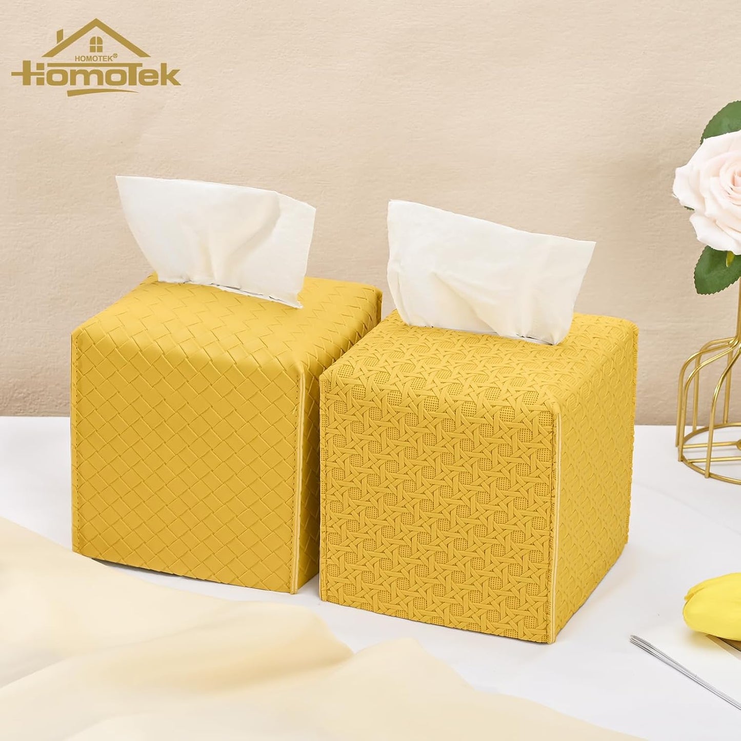 2 Pack Tissue Box Cover, Square PU Leather Tissue Holder, Decorative Facial Tissue Cube Paper Organizer Dispenser for Bathroom, Night Stands, Desk, Car 5X5X5'' - Woven Waffle,Mango Yellow