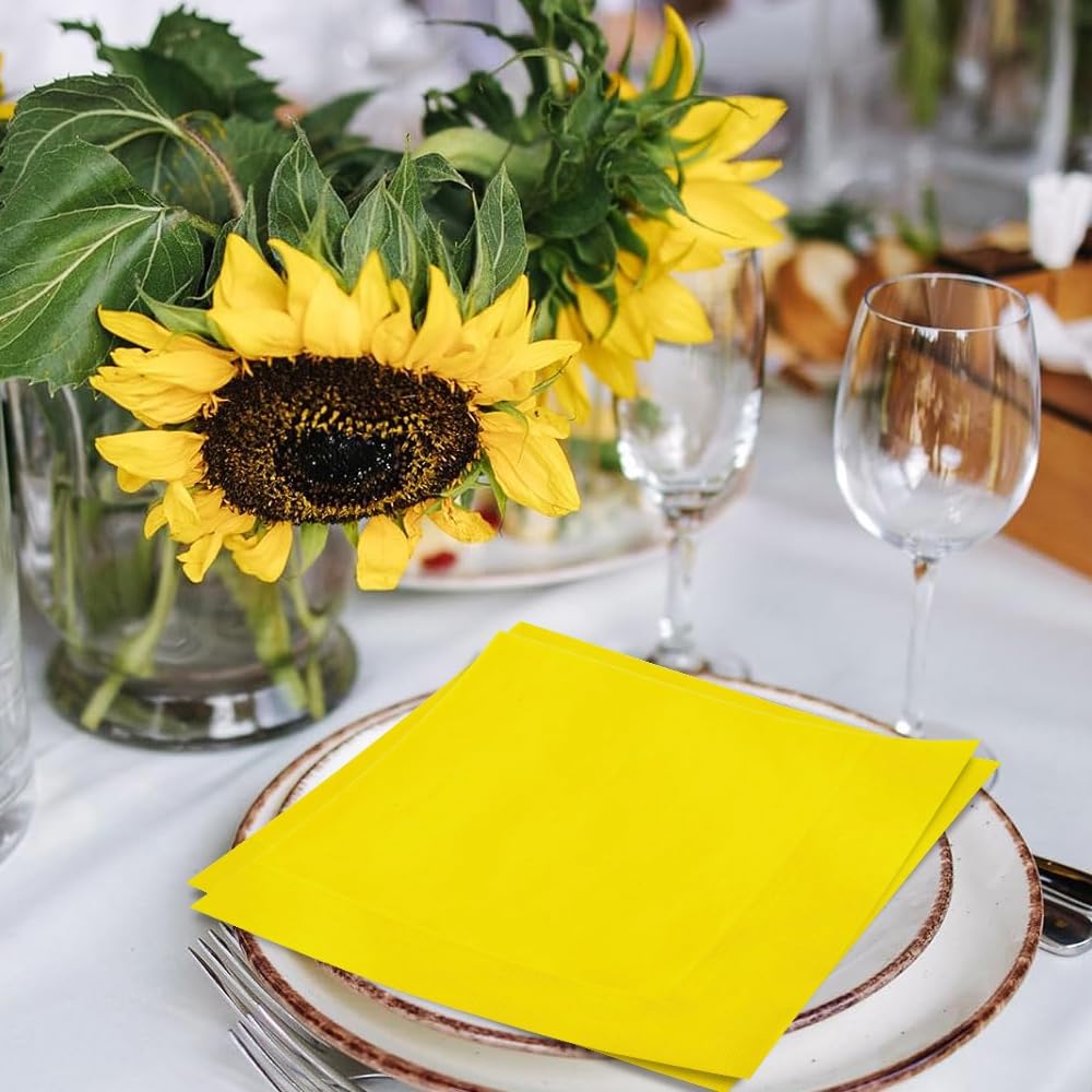 Solid Sunflower Yellow Paper Luncheon Napkins - 6.5" x 6.5", 20 Pieces - Perfect for Birthdays, Weddings, Parties & Special Events