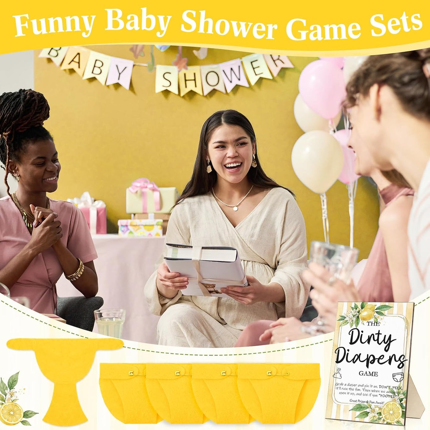 51 Pcs Dirty Diaper Baby Shower Games Funny Wooden Sign with 50 Pcs Mini Diapers Cute Felt for Gender Reveal Party Baby Shower (Lemon)
