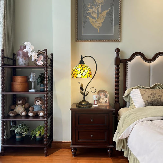 Tiffany Table Lamp Sunflower Yellow Stained Glass Lamp Tiffany Style S Leaves Vintage Desk Light for Bedside Living Room Office Dormitory Dining Room