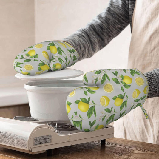 Yellow Lemon Print Oven Mitts Set Rustic Farmhouse Fruit Eco - Friendly & Safe Hand Gloves Mitts with Quilted Liner Green Silicone Surface Kitchen Microwave Gloves