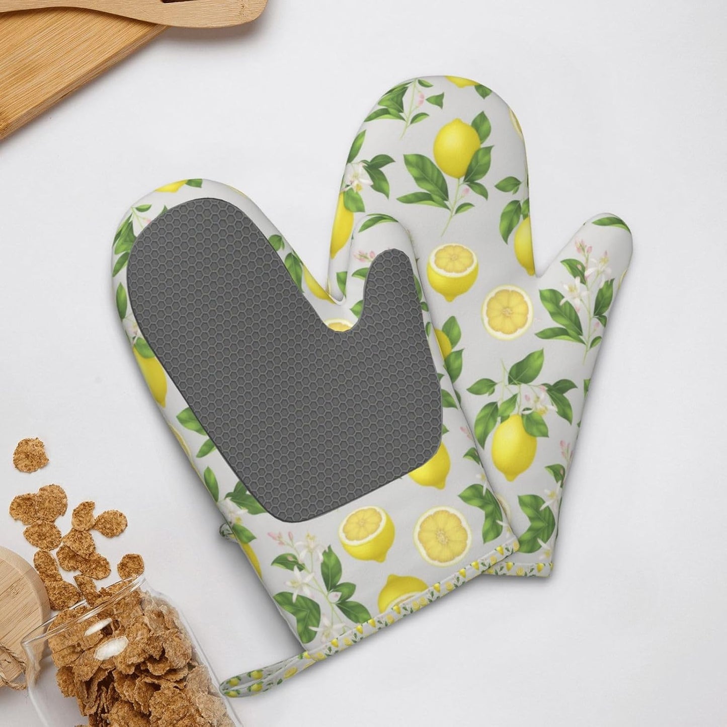 Yellow Lemon Print Oven Mitts Set Rustic Farmhouse Fruit Eco - Friendly & Safe Hand Gloves Mitts with Quilted Liner Green Silicone Surface Kitchen Microwave Gloves