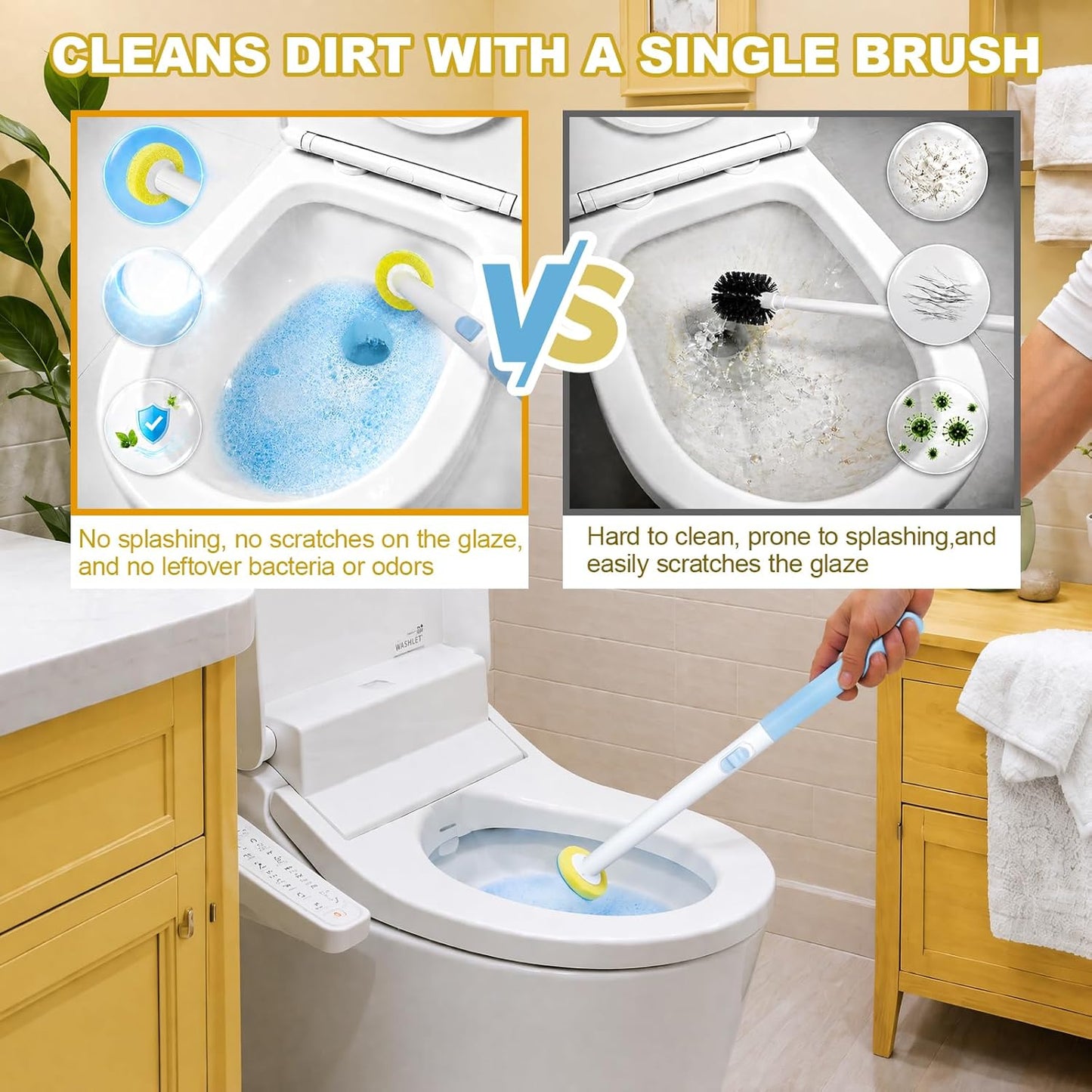 Disposable Toilet Brush, Wall-Mounted Holder Set, 24 Toilet Wand Refills | Hands Free Toilet Brush, 1 Wand + 1 Holder + 24 Yellow Refills, Bathroom Cleaning for Small Bathroom RV, Light Lemon Scent