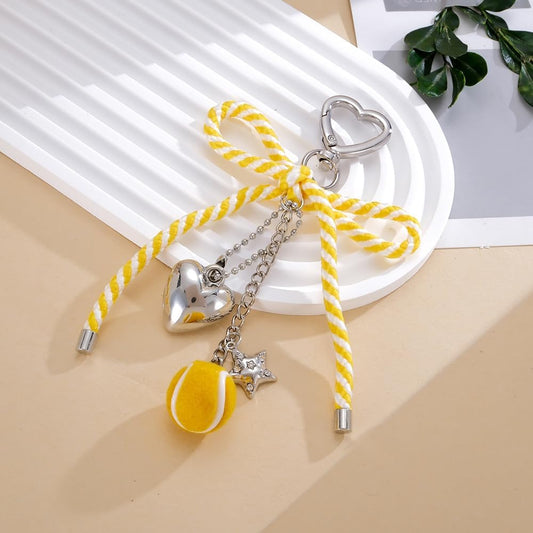Cute Bow Tennis Ball Keychain, Heart Star Charm Keyring with Striped Ribbon for Women Purse Backpack Accessory