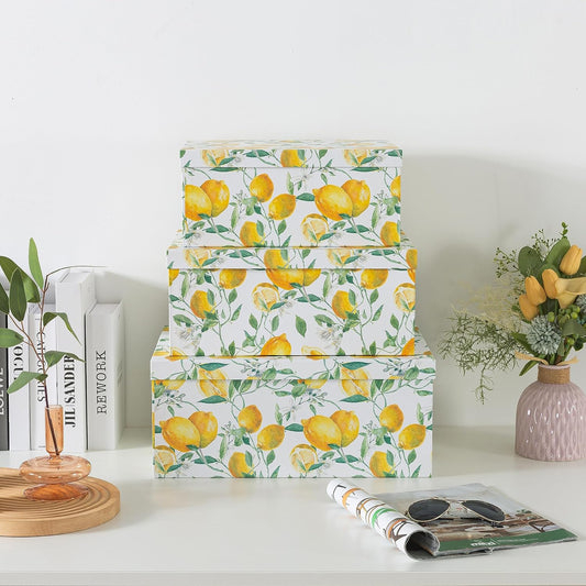 Zesty Lemons Decorative Storage Boxes with Lids, Set of 3 | Large Nesting Cardboard Keepsake Boxes for Memories and Gifts, Yellow Lemon Theme Containers for Colorful Home Decor
