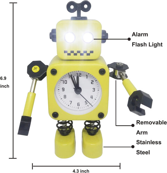 Cute Metal Robot Alarm Clock for Kids-Funny Decoration Bedside Wake Up Light Alarm Clocks for Living Room-Yellow