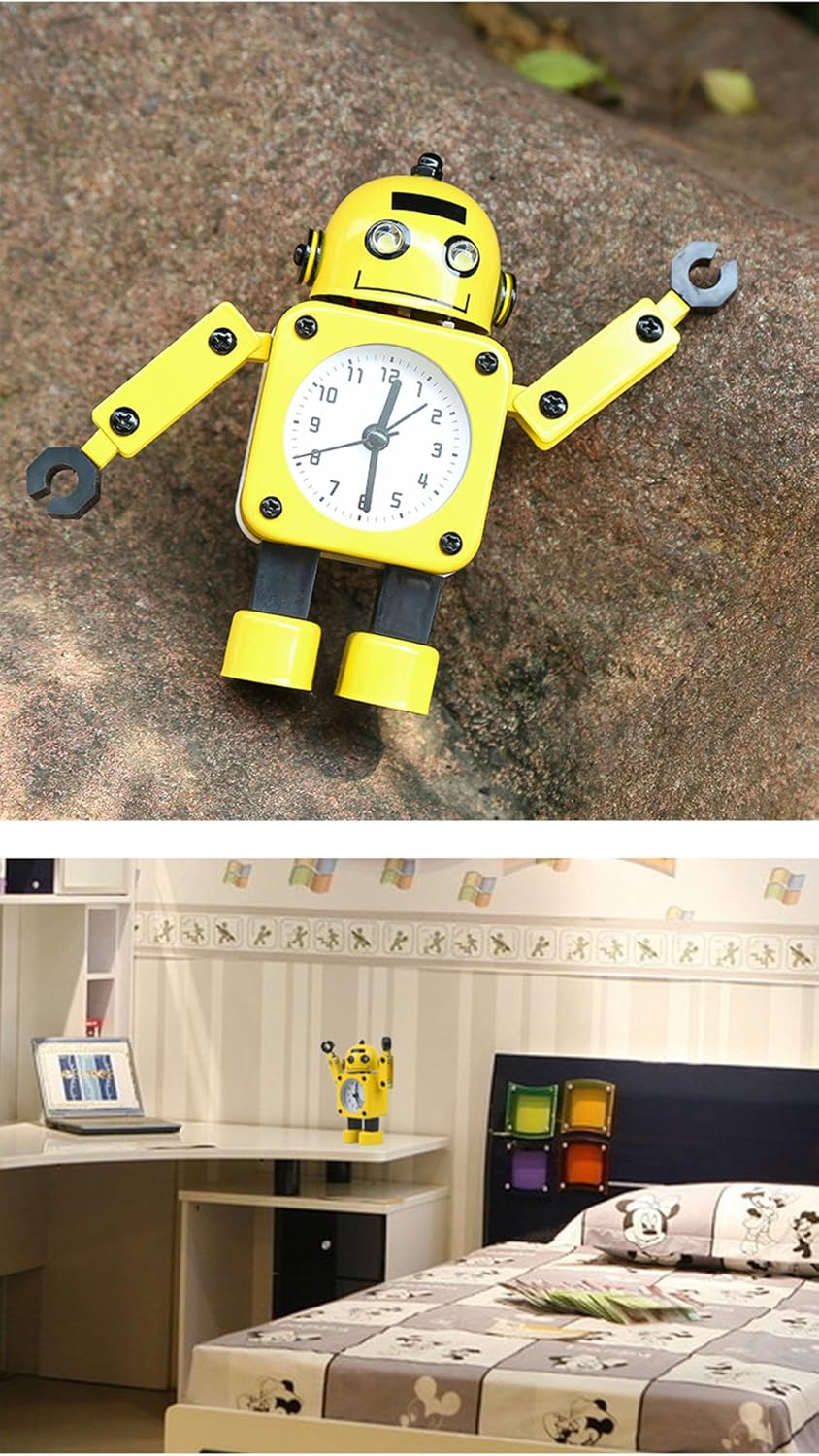 Cute Metal Robot Alarm Clock for Kids-Funny Decoration Bedside Wake Up Light Alarm Clocks for Living Room-Yellow