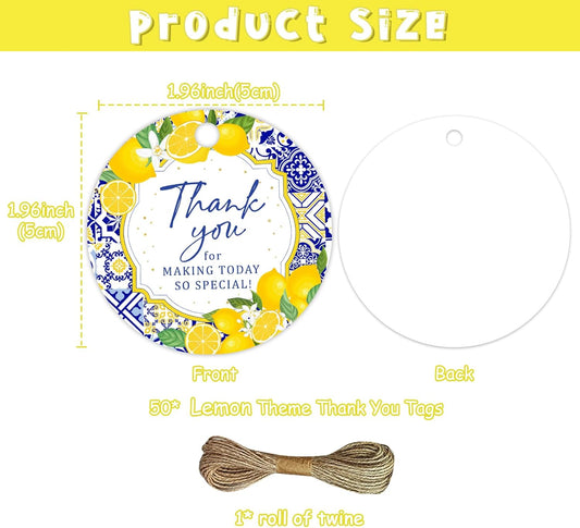 50PCS Lemon Thank You Favor Tags for Baby Shower Birthday Party Favors | Vintage Porcelain Lemon Hanging Tags with String Round Fruit Baby Shower Decoration Gift Tag for Wedding Party Gift Supplies