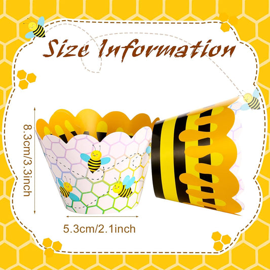 48 Pcs Honey Bee Cupcake Wrappers Bee Party Baking Cups Wrappers Cake Decorations Yellow Stripes Cup Cake Holder for Baby Shower Birthday Party Decoration Supplies