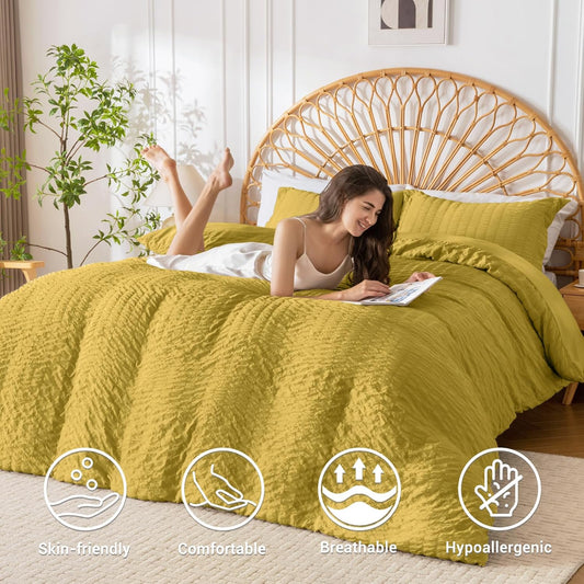 Mustard Yellow Duvet Cover Queen Size, Ultra Soft 3-Piece Seersucker Duvet Cover Set with Zipper Closure, Soft Brushed Microfiber Bedding Set with 8 Corner Ties (90"x90", 2 Pillowshams)