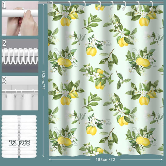 Lemon Shower Curtain Sets for Bathroom 72"Γ72" Green Leaves Plant Design Yellow Aesthetic Lemons Shower Curtains Modern Bathroom Decoration Waterproof Washable Fabric with 12 Hooks 72"Γ72"
