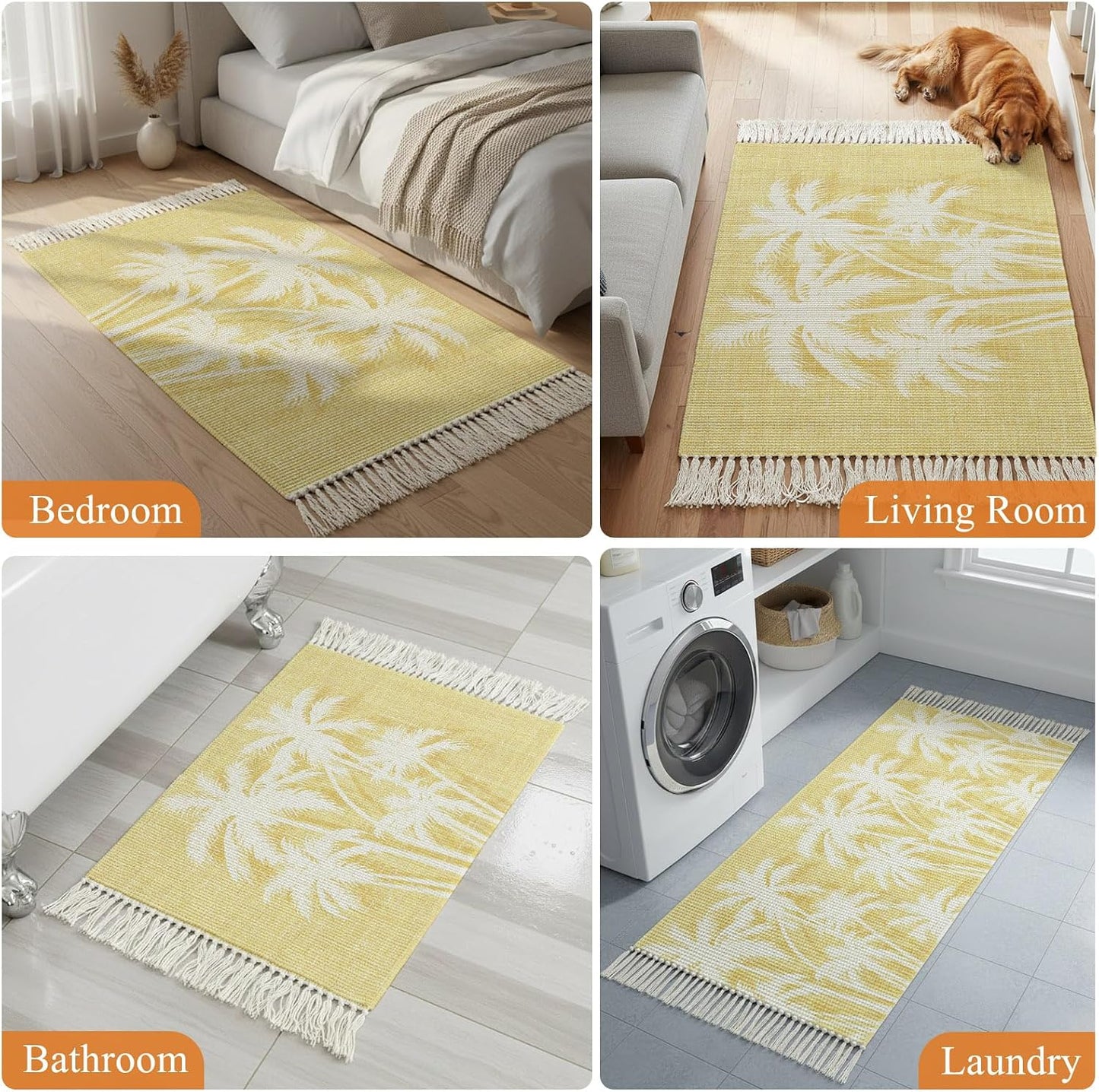 Coastal Tropical Area Rug with Tassel 2x3 Ft,Summer Palm Trees Silhouettes Light Yellow Entryway Rugs Washable Throw Mat Lightweight Tassel Carpets for Living Room Kitchen Bedroom Bedside,Office Decor