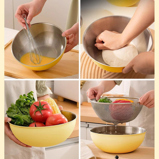 Stainless Steel Mixing Bowls and Colander Set Mixing Bowls with Scale Salad Bowl with Colander Fine Mesh Strainer Basket Baking Bowl Set Cooking Scale Bowl for Kitchen Decoration Yellow