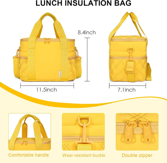 Women's Nylon Lunch Cooler Cute Quilted Lunch Bag Large Leakproof Insulated Lunch Tote Bag for Work Picnic Travel, Earth-yellow