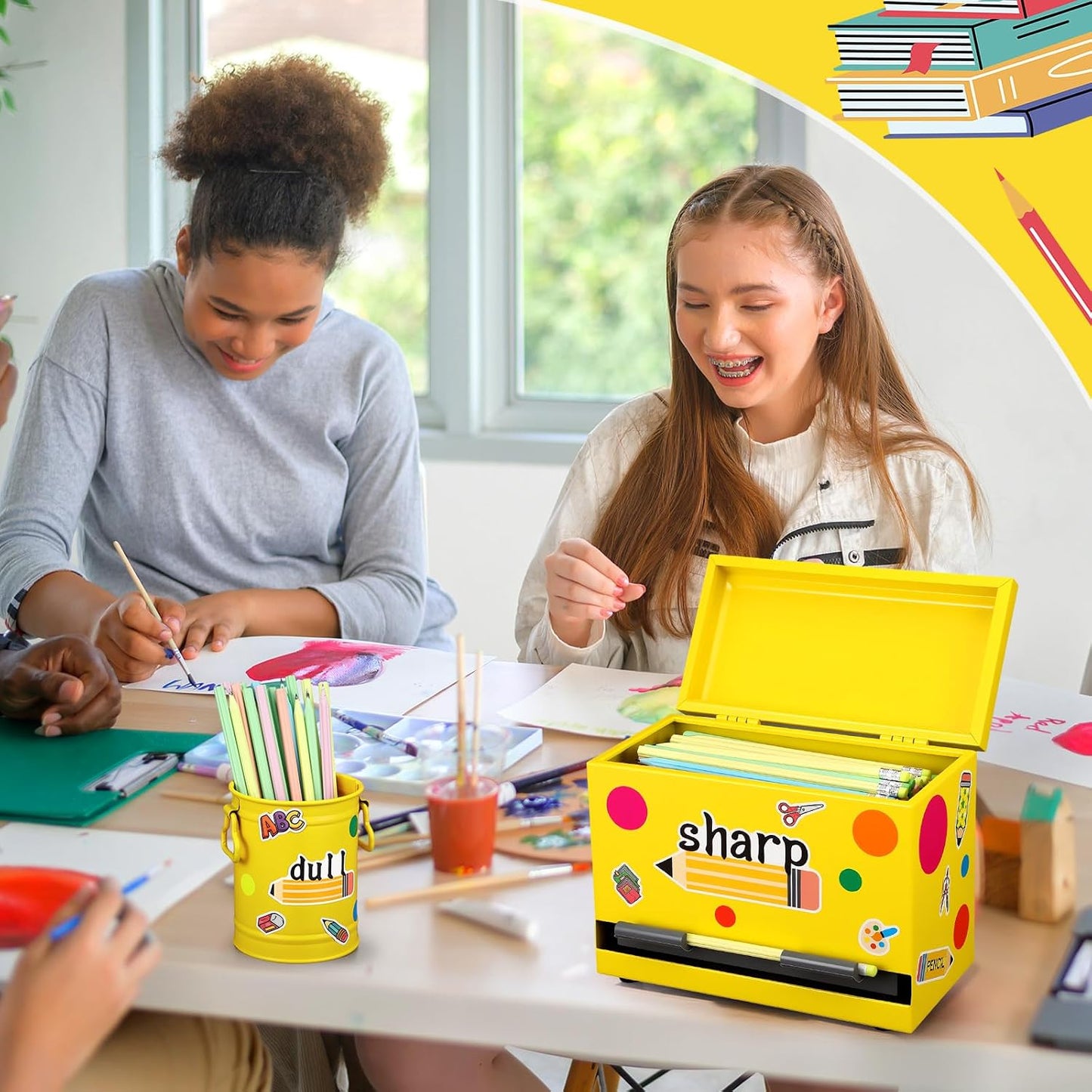 8 Pcs Pencil Dispenser Kit for Classroom Stainless Steel Straw Dispenser for Pencil Metal Pen Holder Organizer Letter Sticker for Desk Back to School Classroom Teacher Supplies(Yellow)