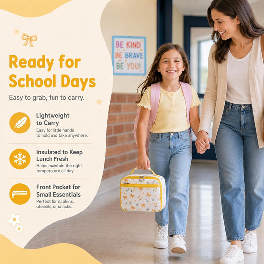 Kids Lunch Box - Insulated Reusable Lunch Box for Girls, Small Lightweight Water Resistant Snack Cooler Tote for Preschool, Kindergarten, School, Picnic and Hiking (Yellow Flower)
