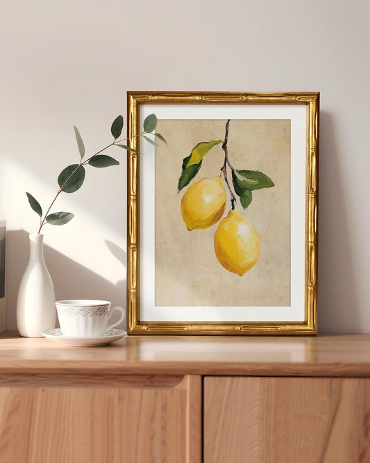 VIYYIEA Bamboo Detail Design Gold Framed Wall Art, Lemon Gold Framed Vintage Bamboo Style Wall Art for Living Room, Canvas Picture Print Painting, 11 x 14 Inch