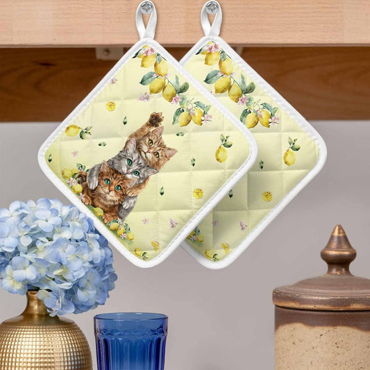 Lemons Cats Pot Holders for Kitchen, Summer Rustic Botanical Fruits Yellow Pot Holder with Loop Trivet Heat Insulation Oven Mitts Hot Pads, Washable Potholders for Cooking Baking 2 Pack