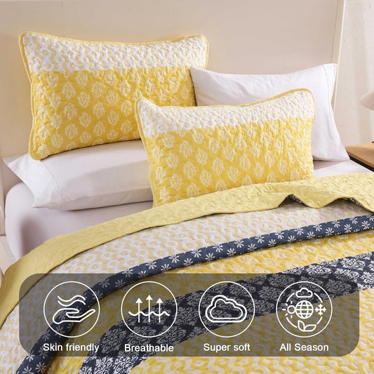 Boho Quilt Set Queen Size Yellow Striped Bedspread Lightweight Soft Microfiber Bedding Set 96"x90" (3 Pieces)
