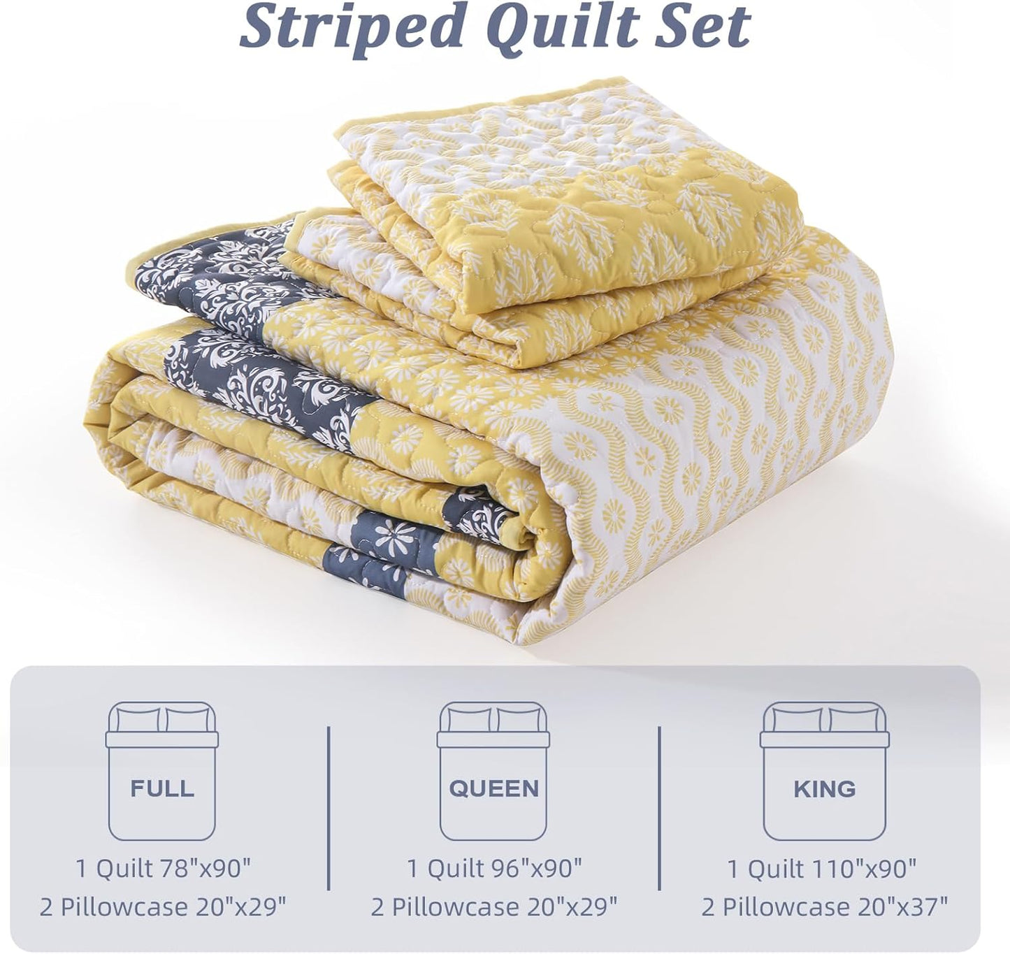 Boho Quilt Set Queen Size Yellow Striped Bedspread Lightweight Soft Microfiber Bedding Set 96"x90" (3 Pieces)