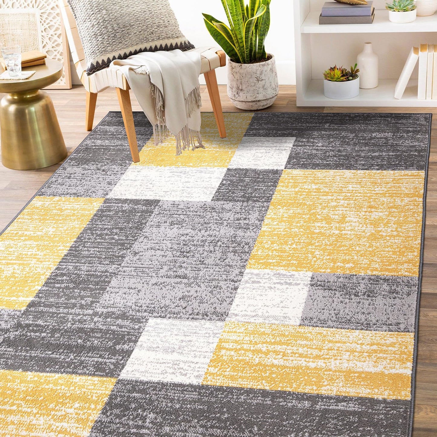Oslo Modern Yellow Area Rug, Geometric Boxes Design, Non-Shedding Carpet for Living Room or Bedroom, 5' x 7'